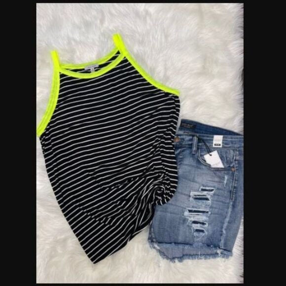 white birch Tops - SALE! WHITE BIRCH Clothing Striped Black and White Lime Tank Neon Trim T1657XL